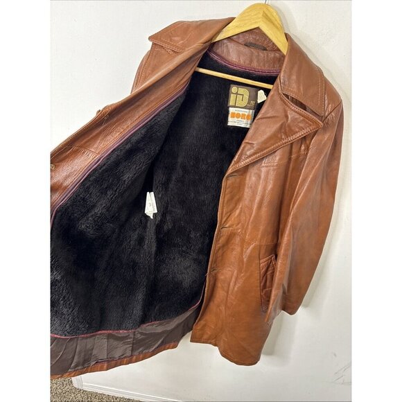 Vintage Rice Sports Wear 70s Coat Men 38 S Brown Leather Hipster Mod Disco Borg - Picture 9 of 9